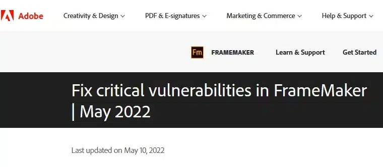 Anuncio de vulnerabilidad de FrameMaker 2019 y 2020