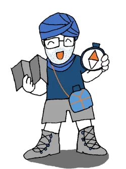 Un redactor técnico explorador del desierto bien protegido y preparado con su mapa y brújula.